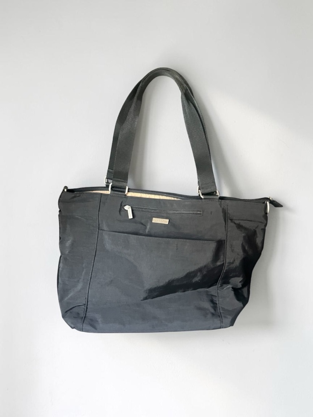 Baggalini Black Nylon Medium Size Shoulder Tote Bag with Top Zip